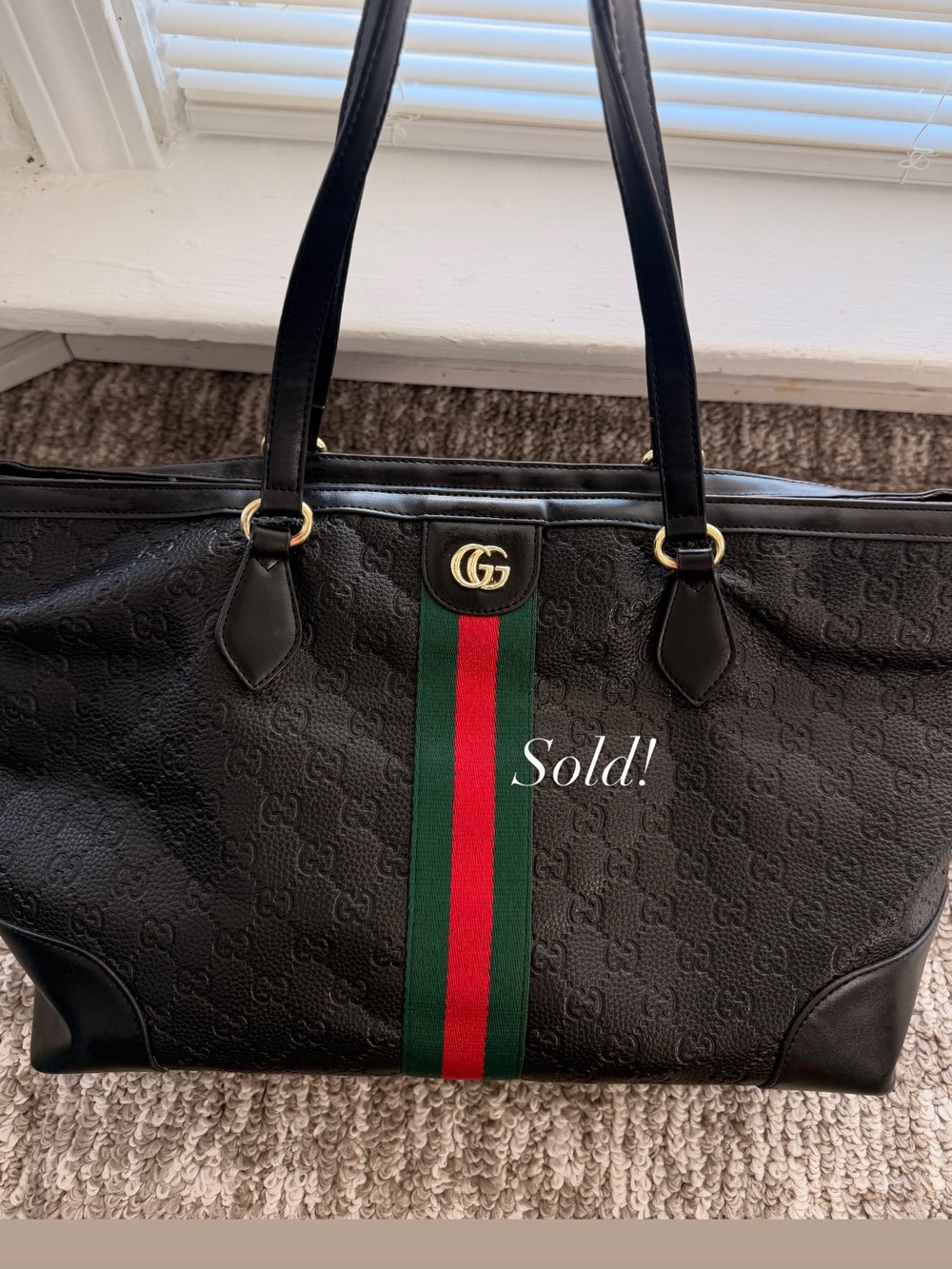 Gucci Black GG Monogram Large Tote Bag – Green & Red Web Stripe – Made in Italy